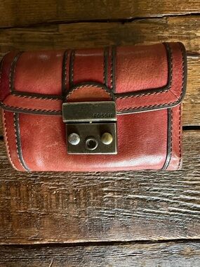 Fossil Red Leather Trifold Wallet with Brass Push-Lock